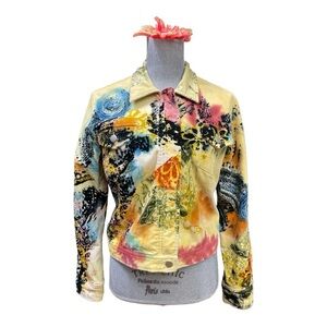 VINTAGE LA CITE PARIS YELLOW JACKET IN MULTI ABSTRACT DESIGN SIZE M
